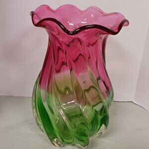 VINTAGE  CRANBERRY PINK/GREEN SWIRL GLASS, RUFFLED EDGE VASE